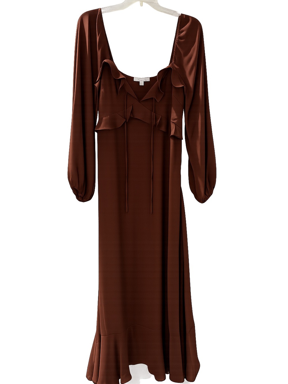 Ruffle-Front Brown Maxi Dress with Long Bishop Sleeves